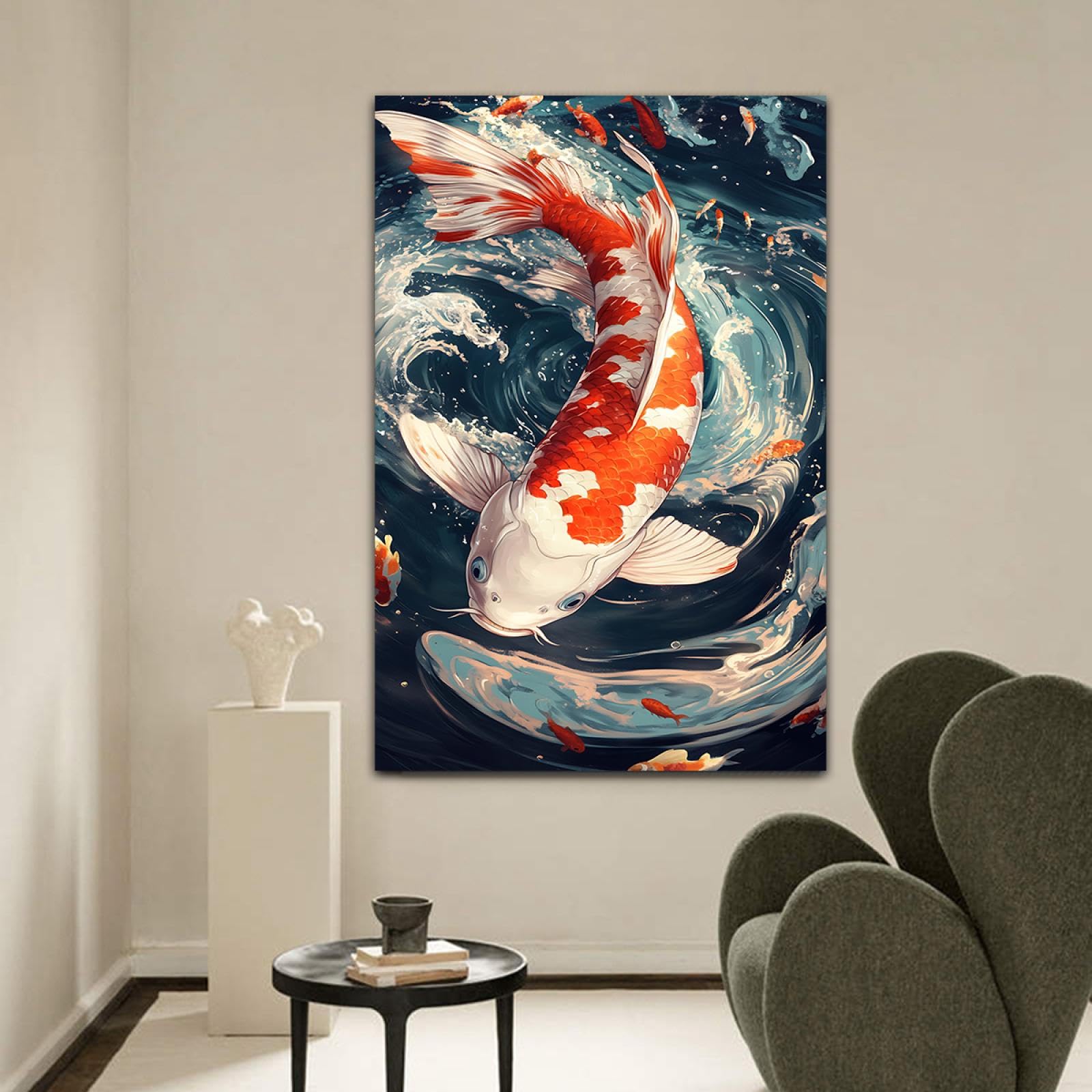 SHENGPOSTER Orientalne klasyczne farby na płótnie plakat koi ryba woda fale jacuzzi ściana płótno sztuka do sypialni kuchni sali konferencyjnej wystrój domu 60 x 100 cm rama wewnętrzna