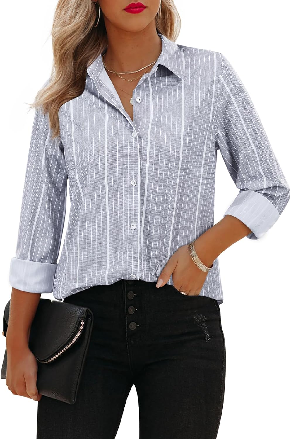siliteelon Button Down Shirts for Women Striped Long Sleeve Dress Shirts Collared Office Work Blouses Button Up Tops - Amazon product rated Grade B