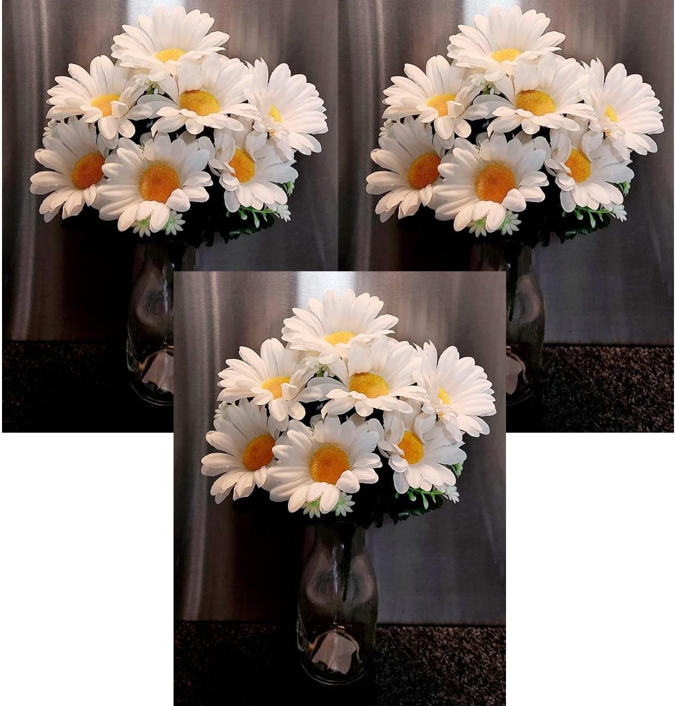 White Daisy Artificial Flowers – 30cm Silk Bouquet with 7 x 9cm Daisies, Greenery & Foliage for Home Decor, Weddings, Funerals, Memorials, and Grave Displays – Available in 1, 2, or 3 Pack Options (3)