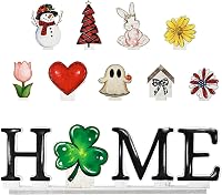 Smile Sme Interchangeable Wooden HOME Sign with 10 Seasonal Icons - Rustic Tabletop Decor for Holidays & Year-Round