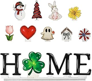 Smile Sme Interchangeable Wooden HOME Sign with 10 Seasonal Icons - Rustic Tabletop Decor for Holidays & Year-Round