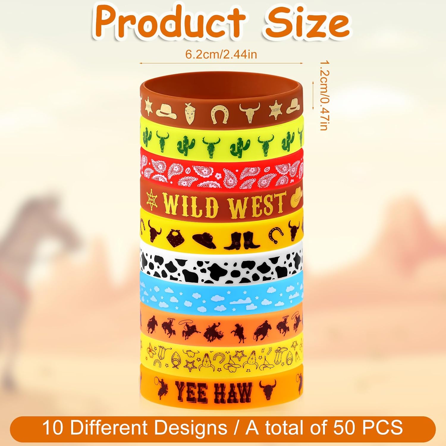 50Pcs Western Party Bracelets Cowboy Cowgirl Silicone Bracelets Western Themed Stretch Wristbands for Western Party Birthday Party Supplies Decorations,10 Different Patterns image 2