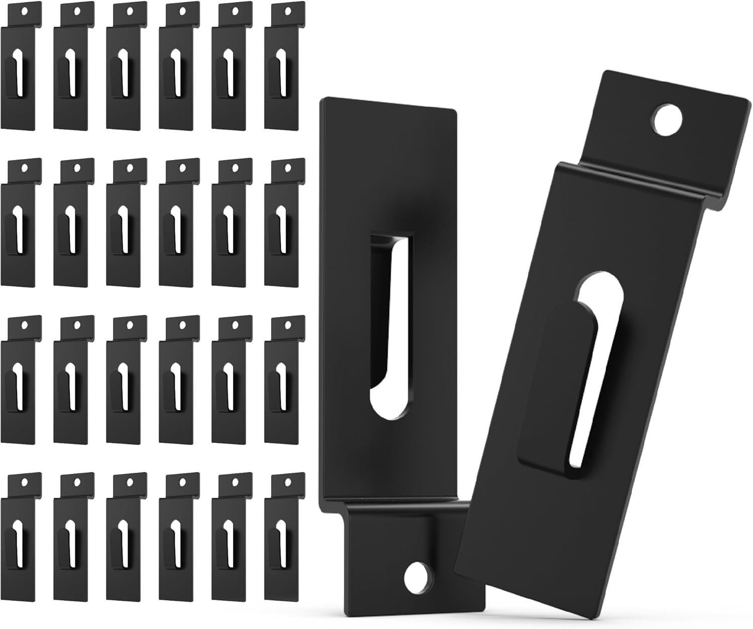 Black 24-PC Slatwall Utility Notch Hangers, Powder-Coated, Slat Wall Hanging Hooks, Slatwall Accessories, Display Hooks for Photo Frame, Painting, Arts (Black)