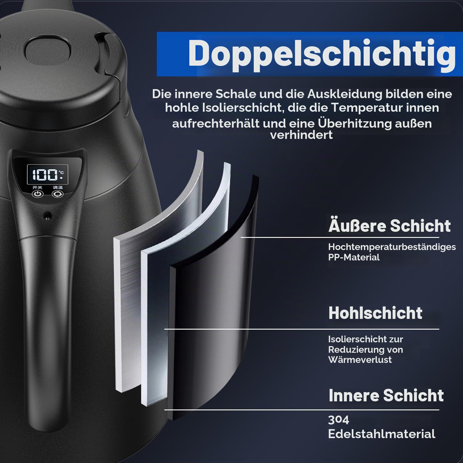 12V/24V Reise Wasserkocher Auto, 1,2 Liter Edelstahl Elektrischer Mobiler Reisewasserkocher mit Zigarettenanzünder Bis zu 100℃ mit LCD-Anzeige für Heißwasser Kaffee Tee, Auto LKW KFZ Camping