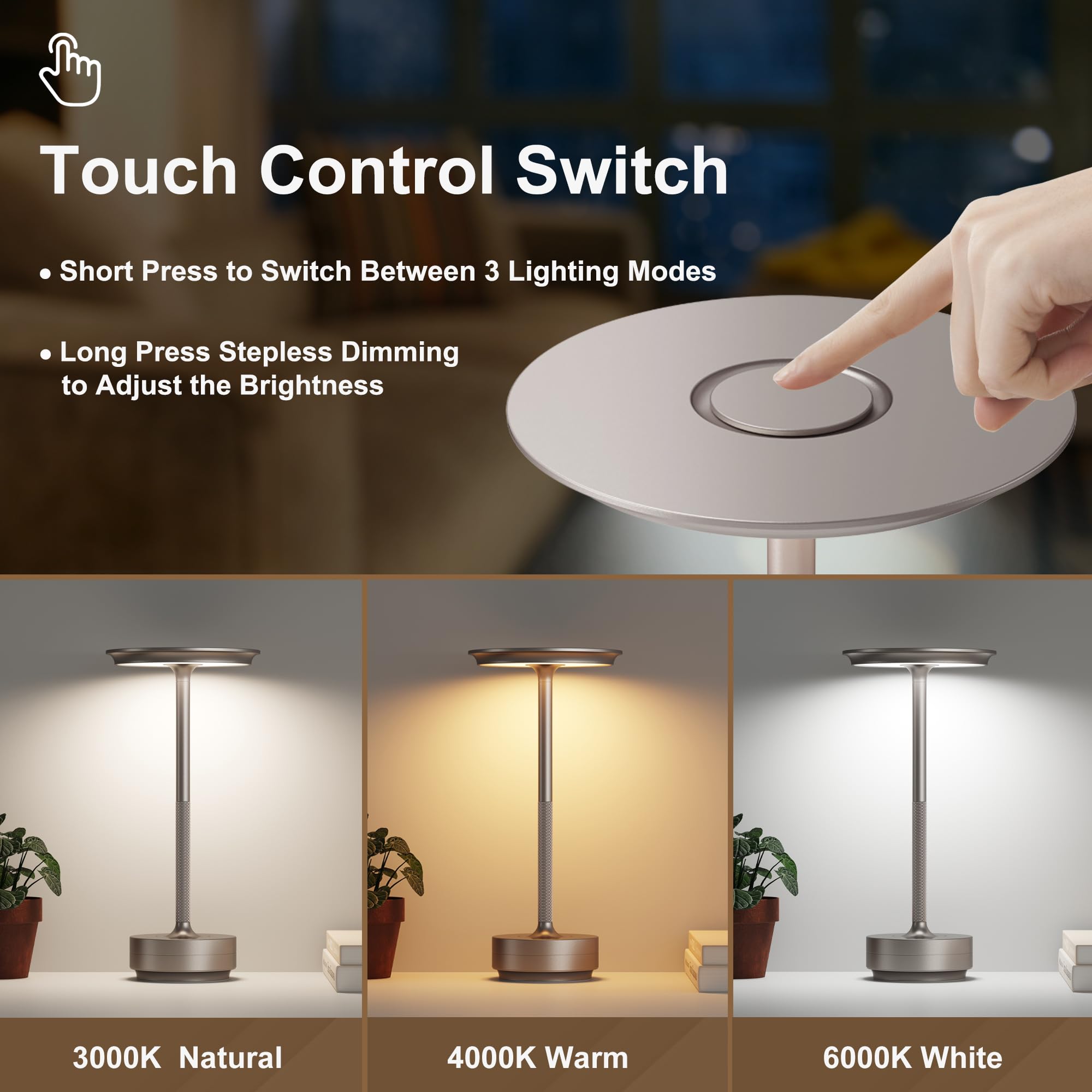 Confezione da 2 lampade da tavolo ricaricabili senza fili, 5000 mAh, lampada da tavolo portatile a LED, 3 colori, dimmerazione continua, alimentazione a batteria, lampada da tavolo in metallo