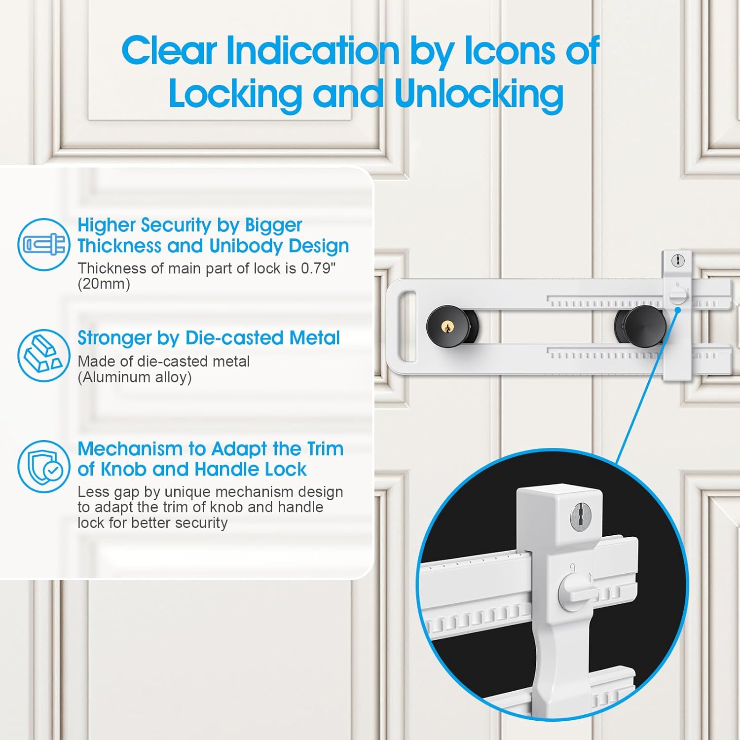 AST Double Door Lockout Device, Extended Version, Locking Distance Range 4-7/8~12-3/16" (124~310mm), French Door Reinforcement Lock with 3 Keys, Childproof Double Door Lock (Matte White)