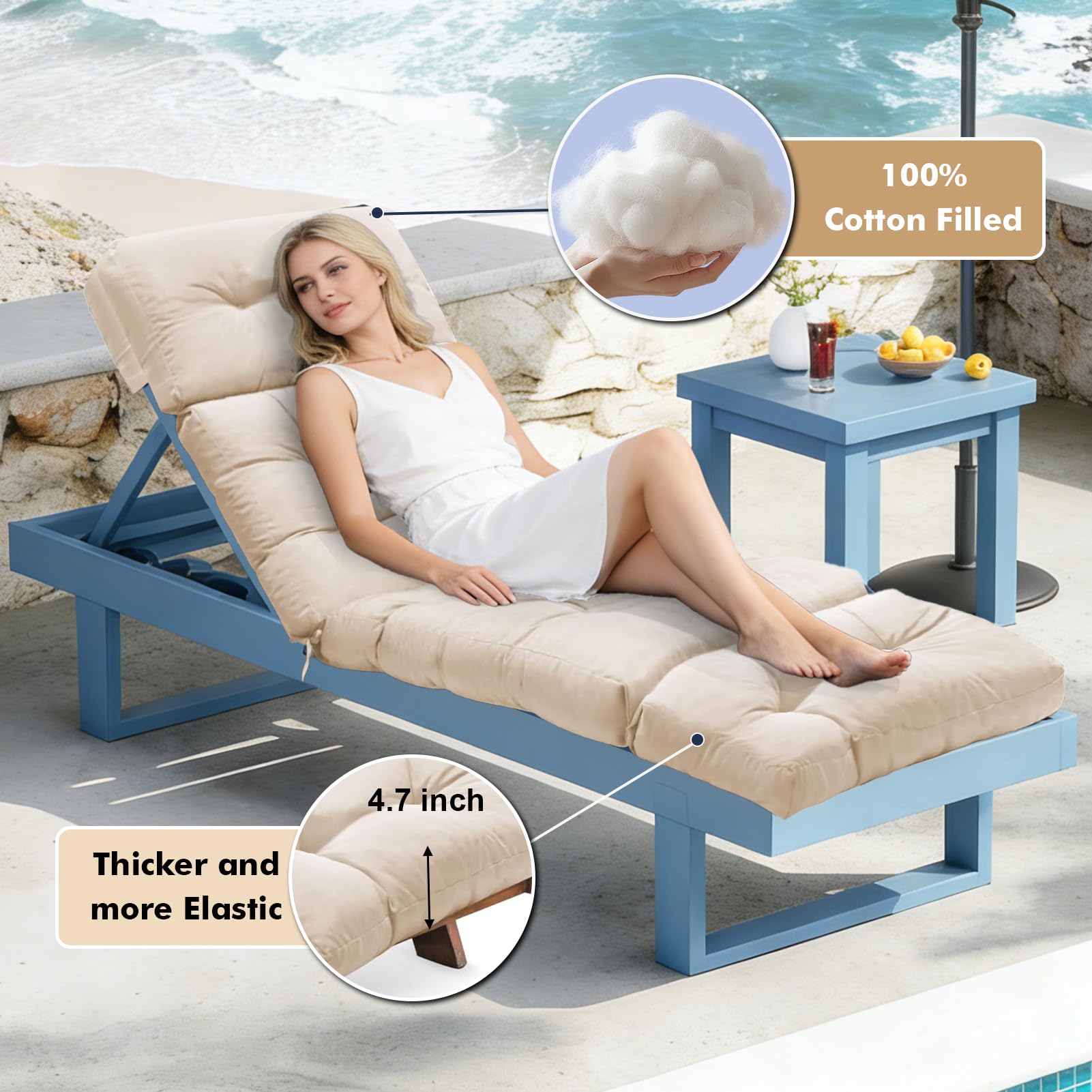 Outdoor Chaise Lounge Chair Cushion, 100% Waterproof Lounge Chair Cushions for Outdoor Furniture, 75.1 x 22.8 x 4.7 Inches Replacement Thickened Pool Lounges Chairs Cushions with Ties, Cream — view 5