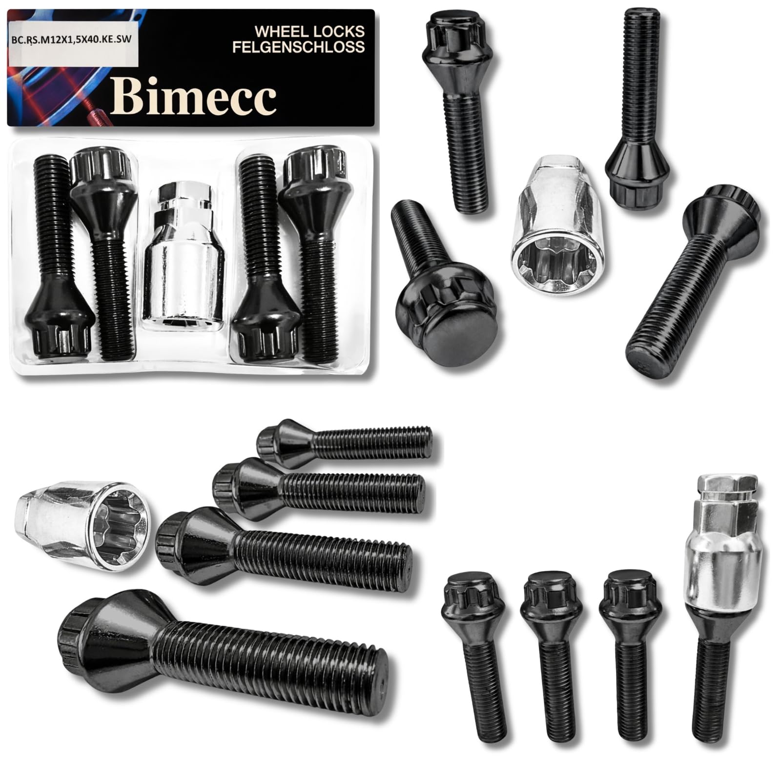 Lot de 4 écrous de jante M12 x 1,5 x 40 mm - Cône 60° - 4 serrures de jante noires - Sécurité anti-vol - Protection contre le vol