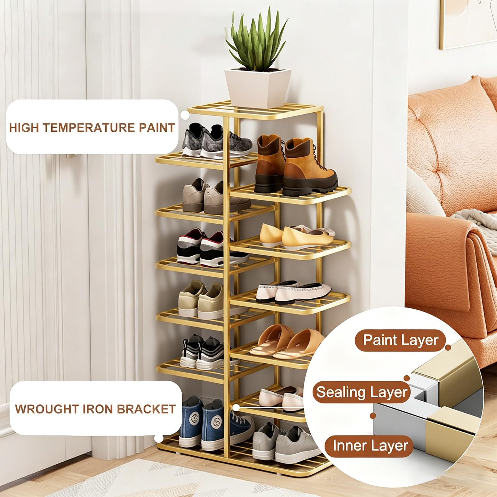 Gold Shoe Rack, 3-10 Tier Vertical Storage Tower, Ripiano a Doppia Fila in Metallo Stretto con Livelli Regolabili per l'armadio Entryway, organizzatore Sottile per Gli Stivali da Tacchi Sneakers