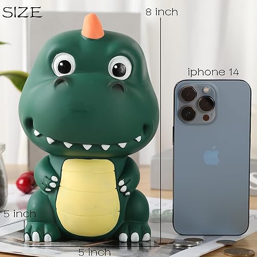 Miniatura 6 de H&W Banco de dinero de dinosaurio con bonita cabeza grande, alcancía de tiranosaurio Rex inastillable, primer banco de monedas, el mejor cumpleaños