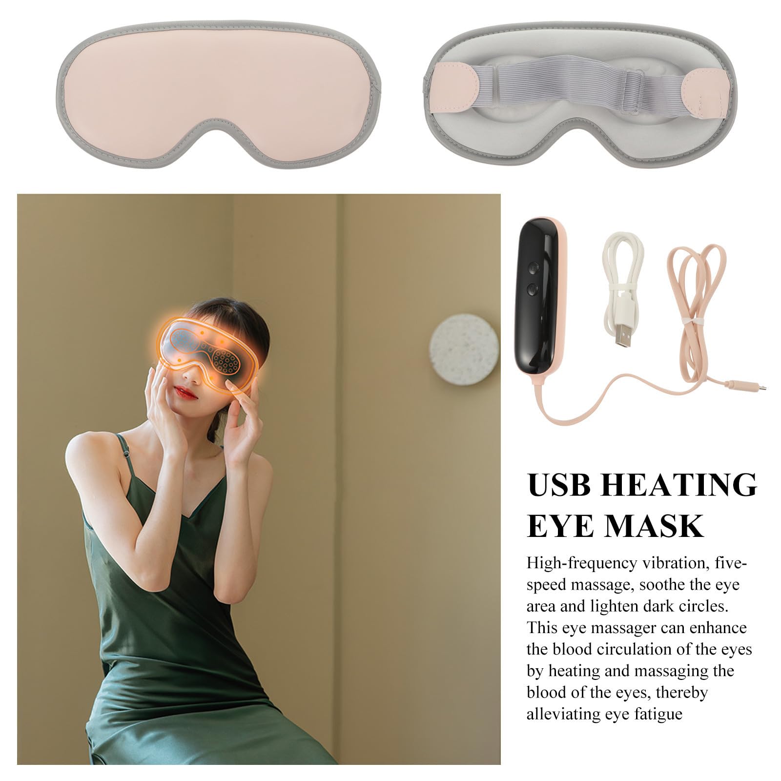 Cabilock Verstellbare Heiz Augenmaske mit USB 1800ma, Leder Baumwolle Rosa