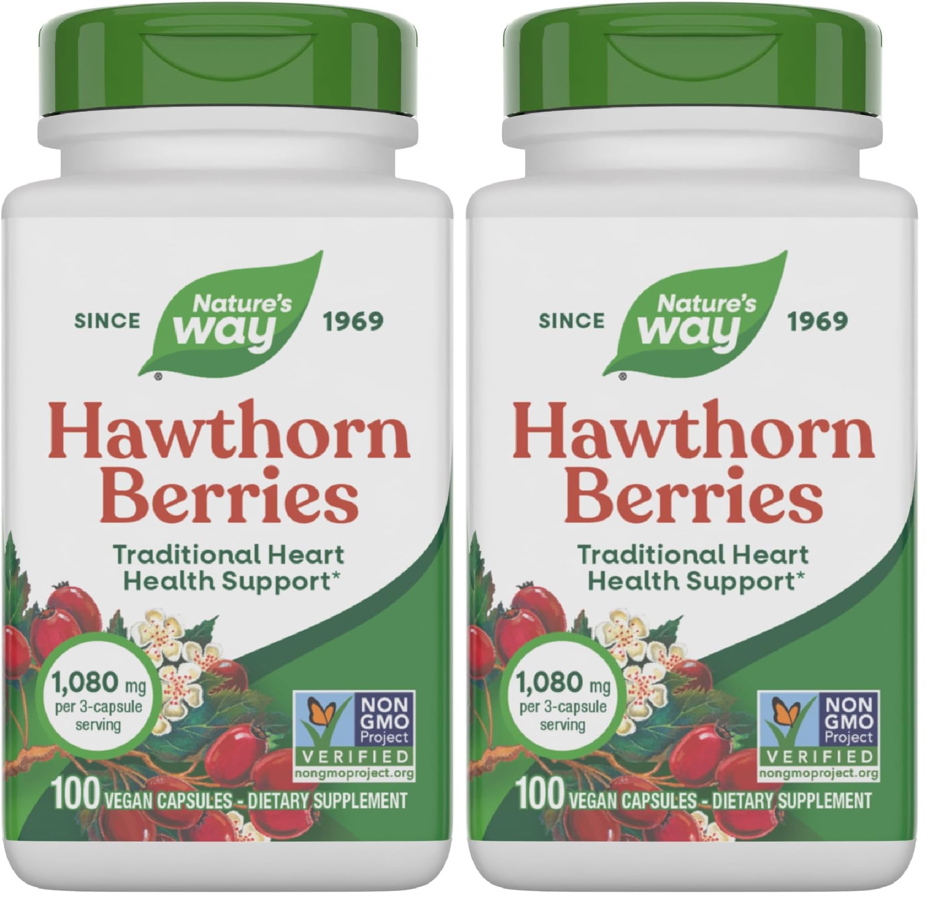 Nature's Way Herbal Hawthorn Berries, Traditional Heart Health Support*, 100 Vegan Capsules (Packaging May Vary) (Pack of 2) 100 Count (Pack of 2)