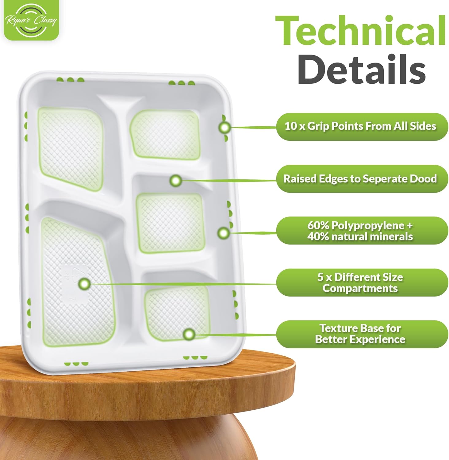 Ryan's Classy 5 Compartment Plates Disposable, White Plastic125 Pack (10.5" x 8.5") Heavy-Duty Paper Plates with Compartment Microwave Freezer Safe, Eco-Friendly School Lunch Trays