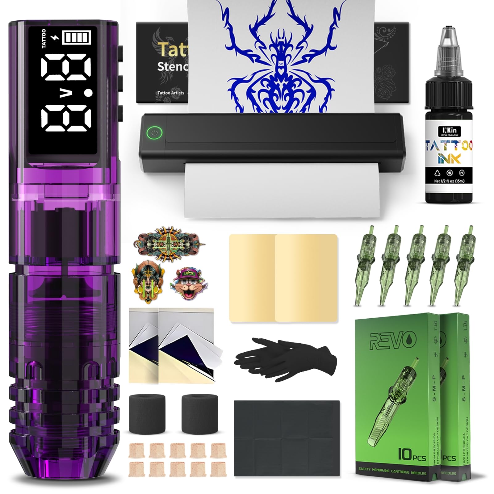 INKin Kit Tatuaje, Maquina Tatuar Inalambrica con 4.2mm Stroke y Batería de 1600mAh, Maquina de Tatuar Kit Completo con Impresora Bluetooth, Tinta Tatuaje,Agujas Tatuaje para Tatuadores