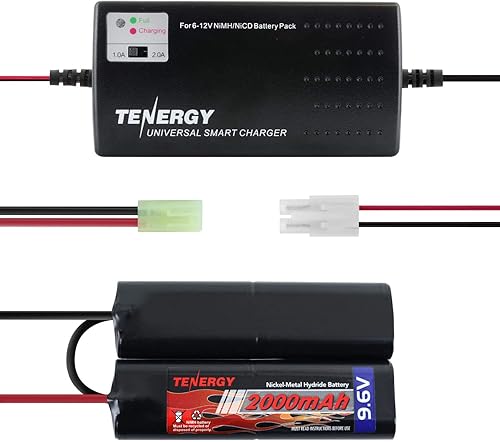 Tenergy Batería y cargador de Airsoft de 9.6 V, batería NiMH Nunchuck de 2000 mAh con mini conector Tamiya para pistolas de Airsoft M249, M240B,