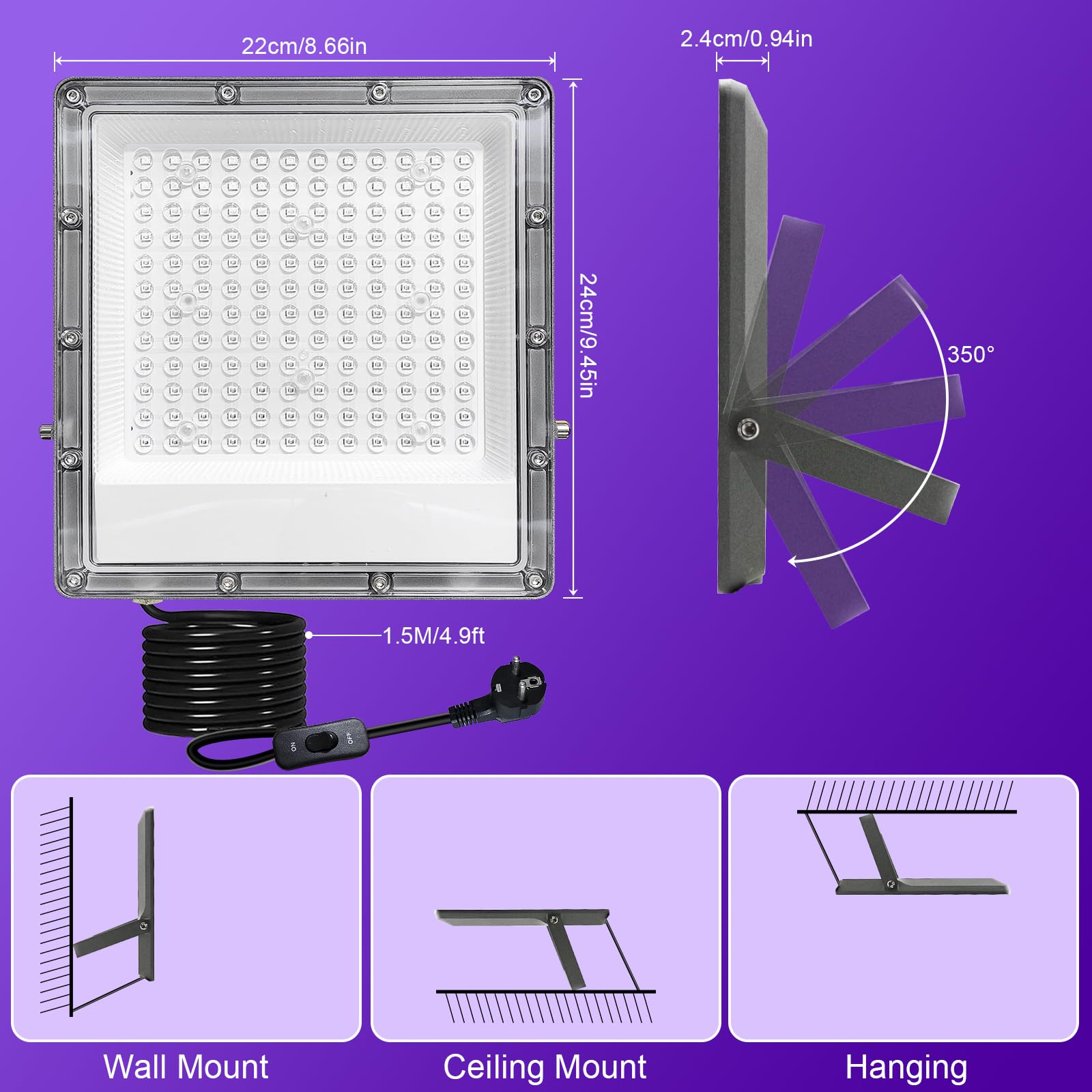Luce Nera UV 150W, Faretto UV LED con Spina e Interruttore, 395-400nm Faro UV Impermeabile IP66 Black Light Lampada UV per Natale,Halloween,Glow Festa,Body Paint,Disco