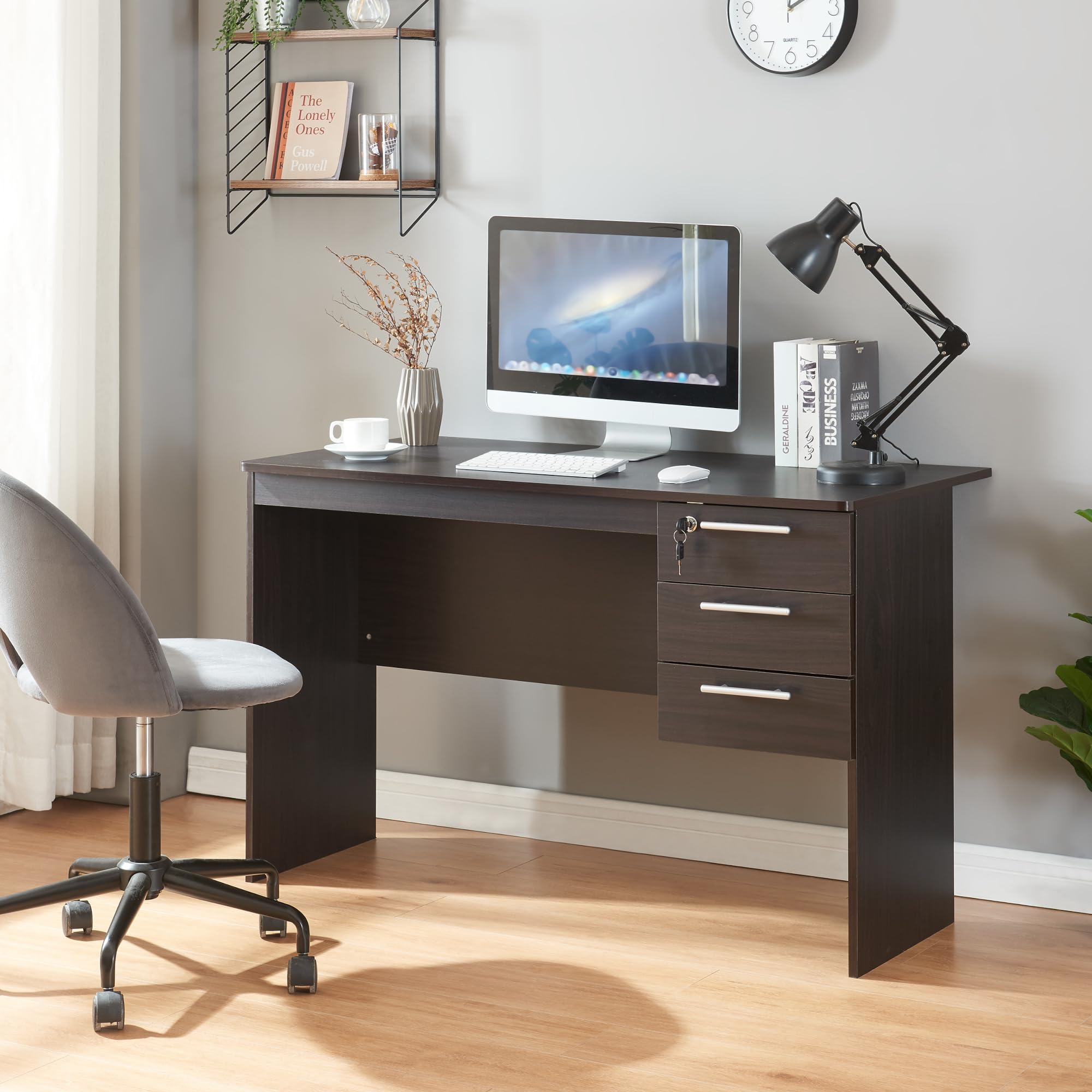 [en.casa] Scrivania con 3 Cassetti con Serratura Tavolo da Computer PC Postazione di Lavoro Tavolo da Studio 120 x 59 x 75 cm - Effetto Legno Scuro