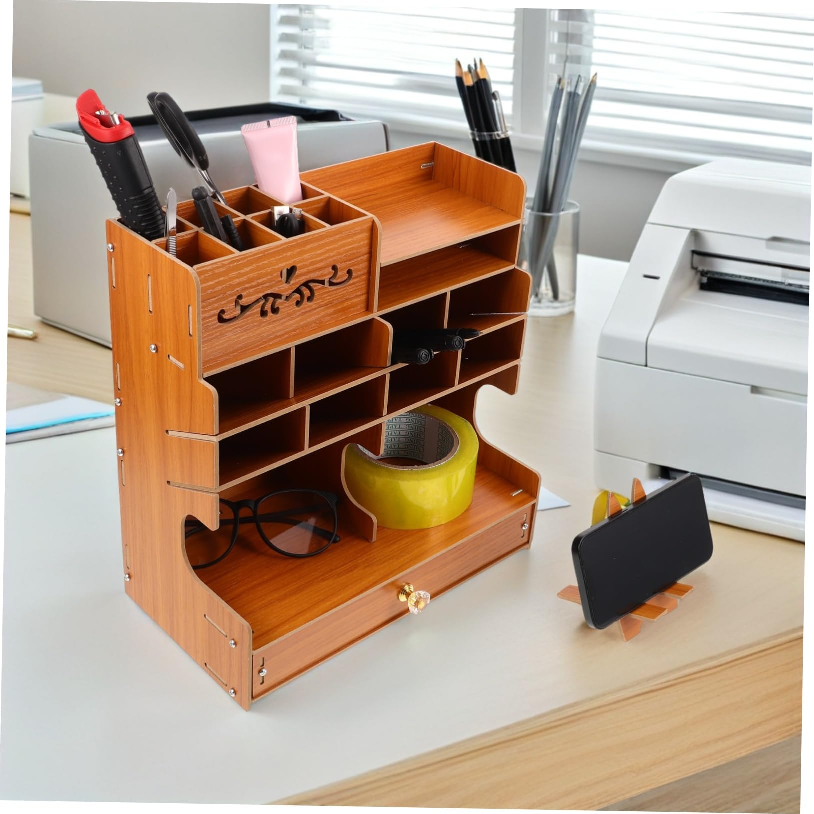 Caja De Almacenamiento De Papelería De Madera Portalápices De Madera Con Múltiples Compartimentos Organizador De Escritorio Para Bolígrafos y Papelería Para Oficina y Estudio