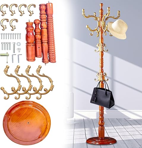 Miniatura 6 de Perchero de madera independiente con 14 ganchos, perchero con base de madera maciza, fácil montaje para pasillo, entrada, dormitorio, oficina, para