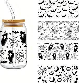4pcs Halloween Spider Web Bats UV DTF Cup Wraps Transfer Waterproof Sticker for Glass Cups Furniture Craft DIY Crafts，Rub on Transfer Stickers for DIY Water Bottle Laptop Decal Wood Car