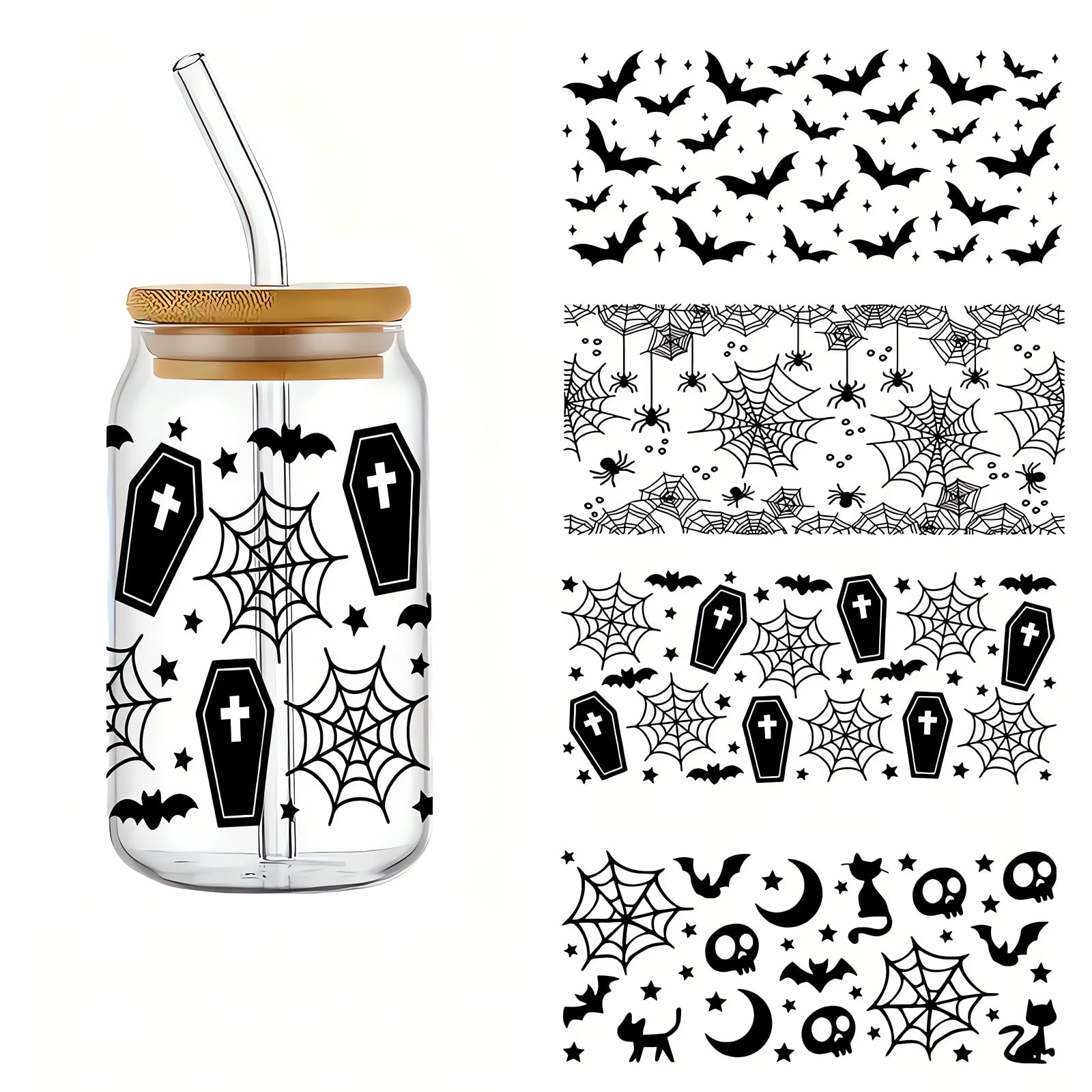 4pcs Halloween Spider Web Bats UV DTF Cup Wraps Transfer Waterproof Sticker for Glass Cups Furniture Craft DIY Crafts，Rub on Transfer Stickers for DIY Water Bottle Laptop Decal Wood Car