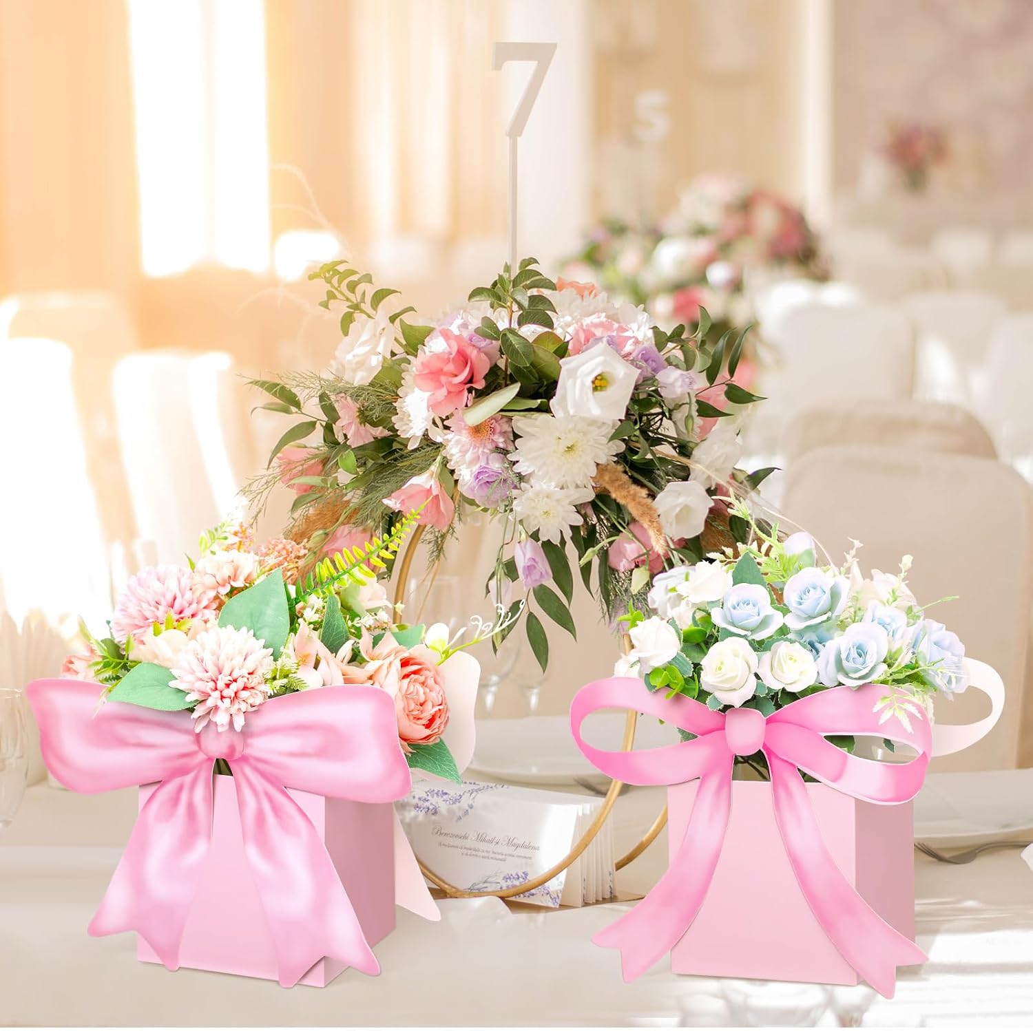 Hushee 12 Sets Pink Bow Baby Shower Flower Centerpieces for Tables Baby Shower Decorations 3D Boxes for Boys Girls Birthday Centro De Mesa Para Gender Reveal Tea Party Supplies
