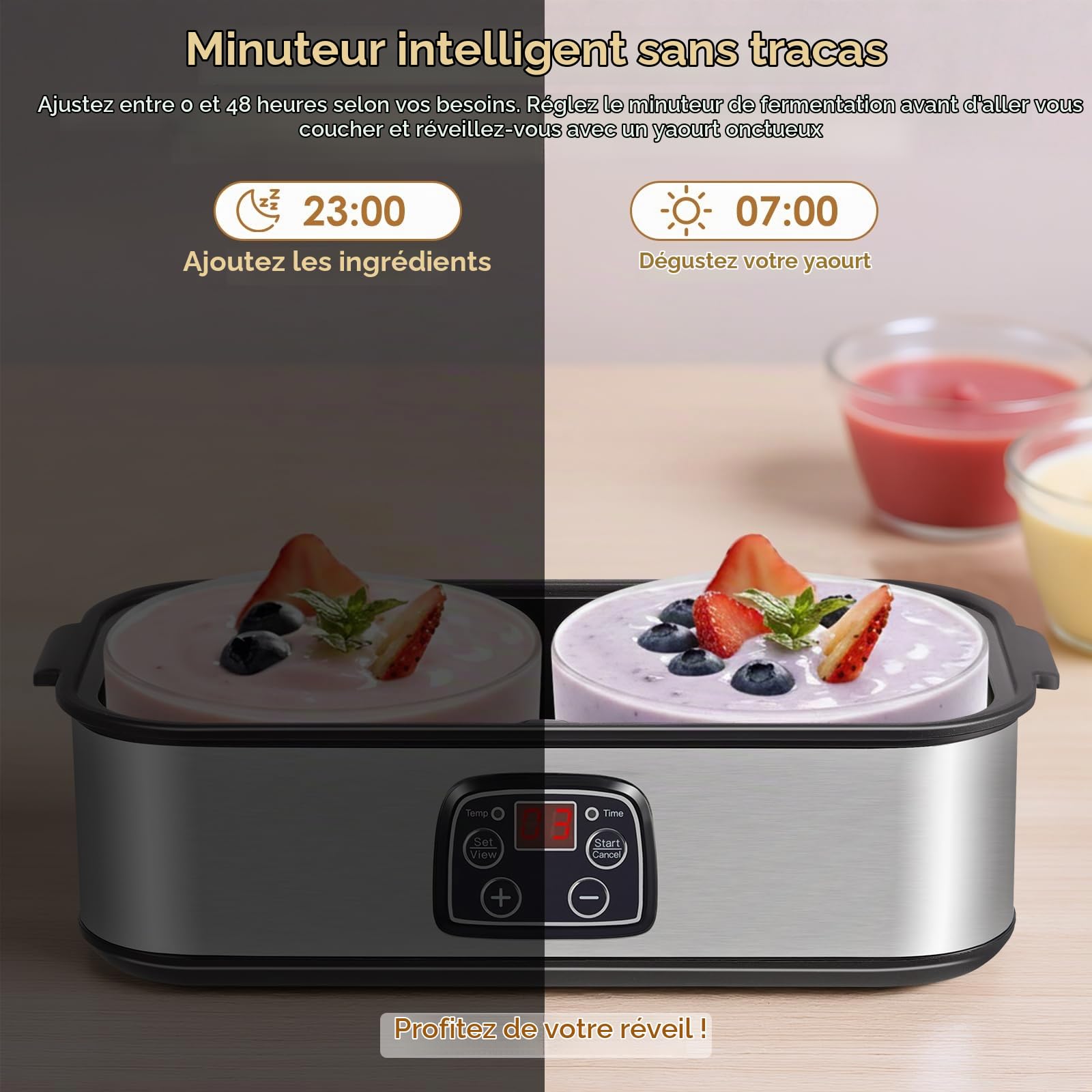 Yaourtière 2 l, yaourtière avec écran LED et 2 récipients en verre de 1000 ml, yaourtière avec température et minuterie réglables, yaourtière pour yaourt bio, fromage, natto, desserts sains