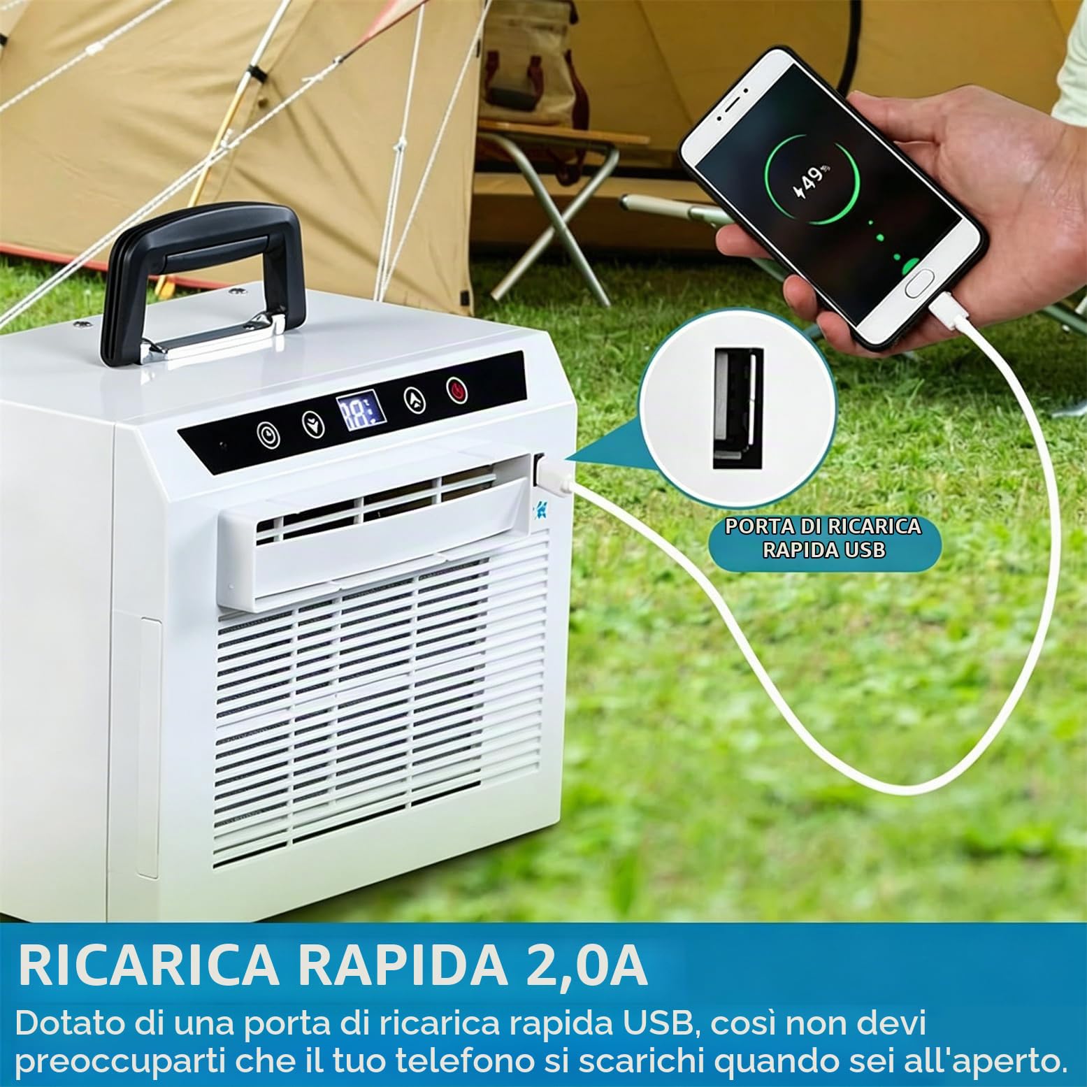 Condizionatore D'aria Split Portatile Con Wi-Fi E Telecomando, Raffrescatore D'ambiente Da 3000BTU Con Timer Da 24 Ore E Maniglia Superiore per Tenda, Camper, Casa, Ufficio, Campeggio