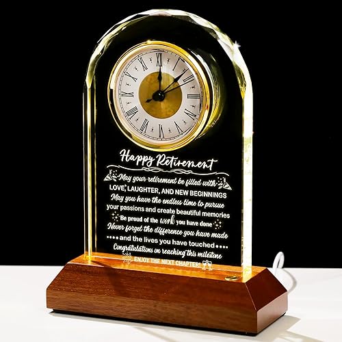 Reloj de jubilación de cristal con base de luz de madera, placa de feliz jubilación para mujeres, hombres, colegas, jefe amigo, idea de regalo