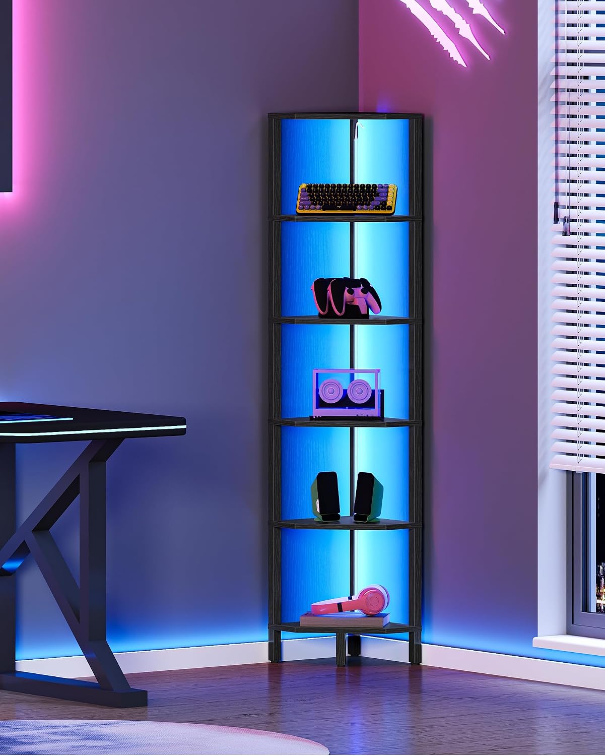 CHOEZON LED Corner Shelf with Lights, 5-Tier Diamond Shape Bookshelf, Standing Narrow Storage Organizer for Living Room, Bedroom, Office, Study, Black MCJ03DBB