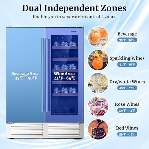 Miniatura 4 de COSTWAY Refrigerador de vino y bebidas, enfriador de bebidas de doble zona de 24 pulgadas con cerradura, puerta de acero inoxidable, refrigerador de