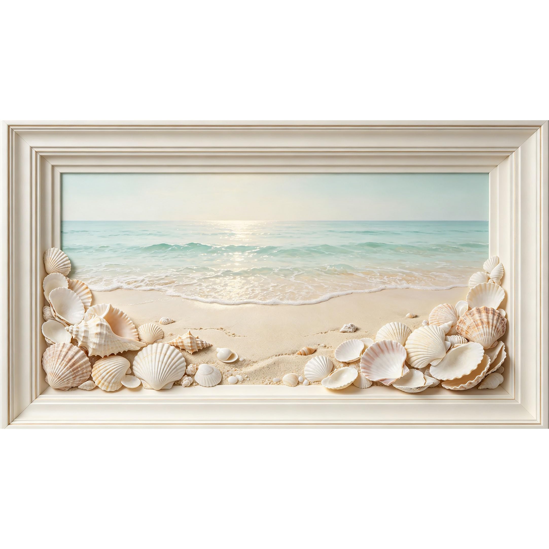 QZLITHOTIC 50×90cm3D Framed Wall Art， Coastal Seashell Beach Scenery Self?Adhesive Mural， Water?Activated Peel & Stick Fabric Decor Wall Decal for Bedroom Living Room