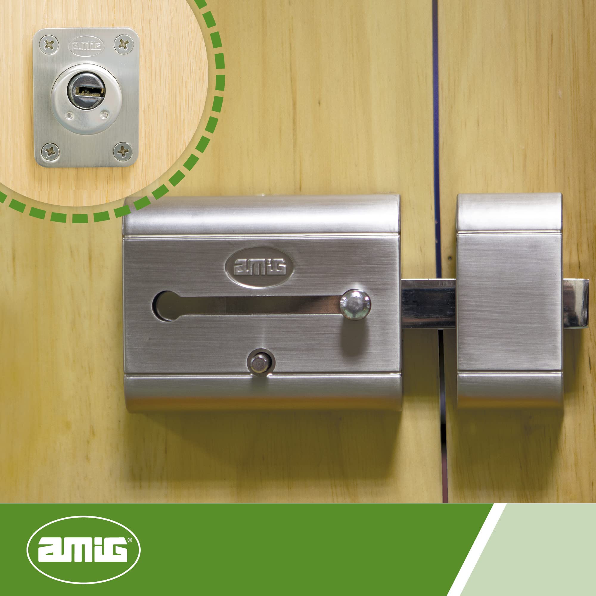 Amig - Serratura da sovrapposizione ad alta sicurezza per porte in legno | Mod. 15 PLUS | 98 x 77 mm | con cilindro rotondo di sicurezza e chiavistello | acciaio argento