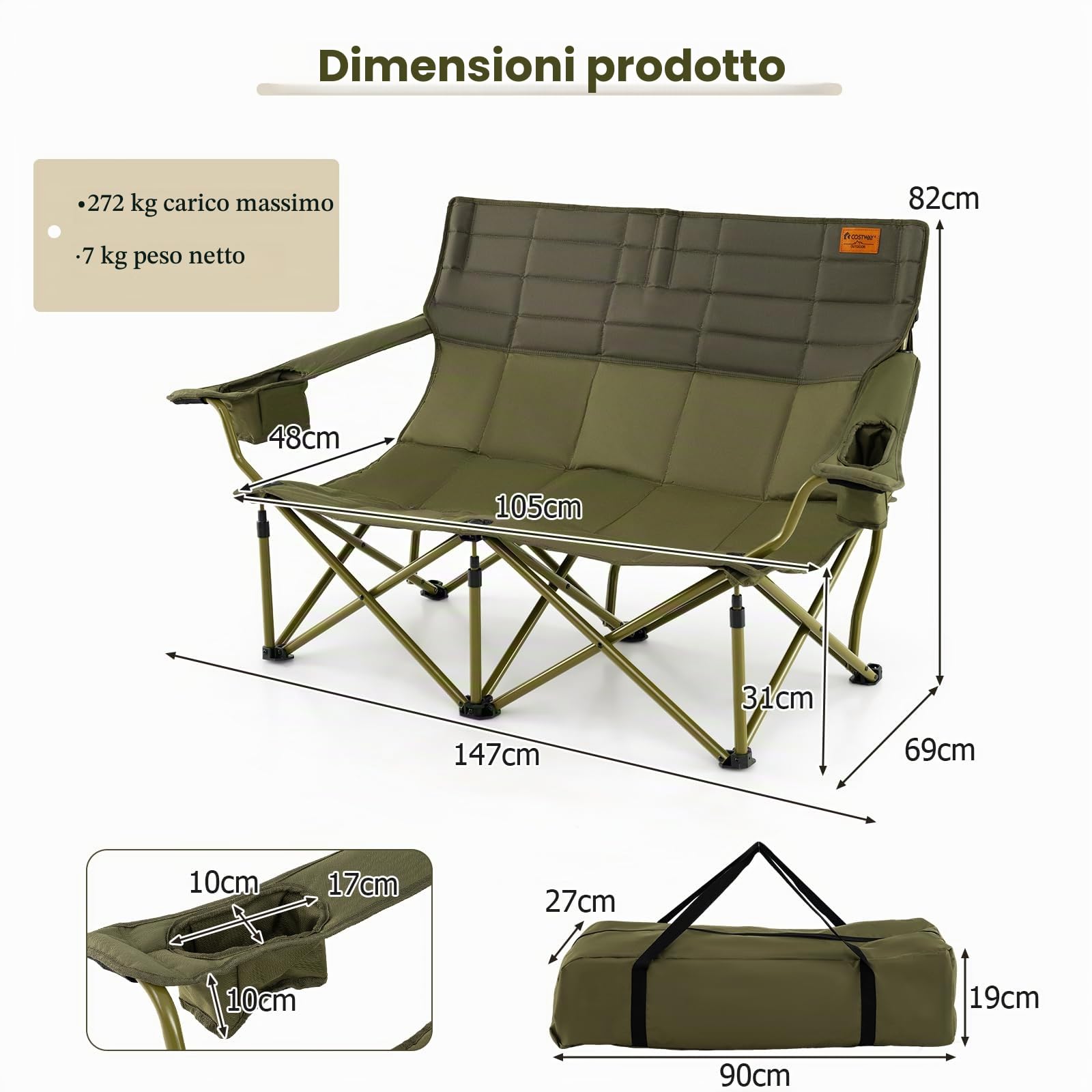 KOMFOTTEU Sedia da Campeggio Pieghevole con Braccioli Regolabili, Sedia da Esterno Portatile con Borsa di Trasporto e Porta Bicchieri, Poltrona per 2/3 Persone, per Pesca, Giardino (Modello II-Verde)