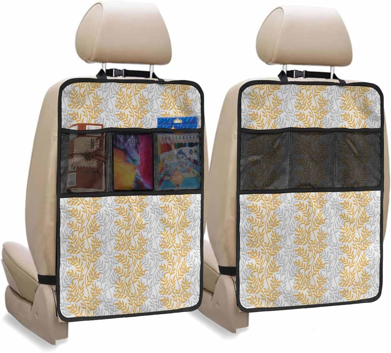 T&H XHome Car Seat Protector, 2 Pack Kick Mats with Organizer - 3 Pocket Storage, Modern Leaf Pattern Art Printing Design Back Seat Cover for Kids Universal Fit Automotive Interior Protectors