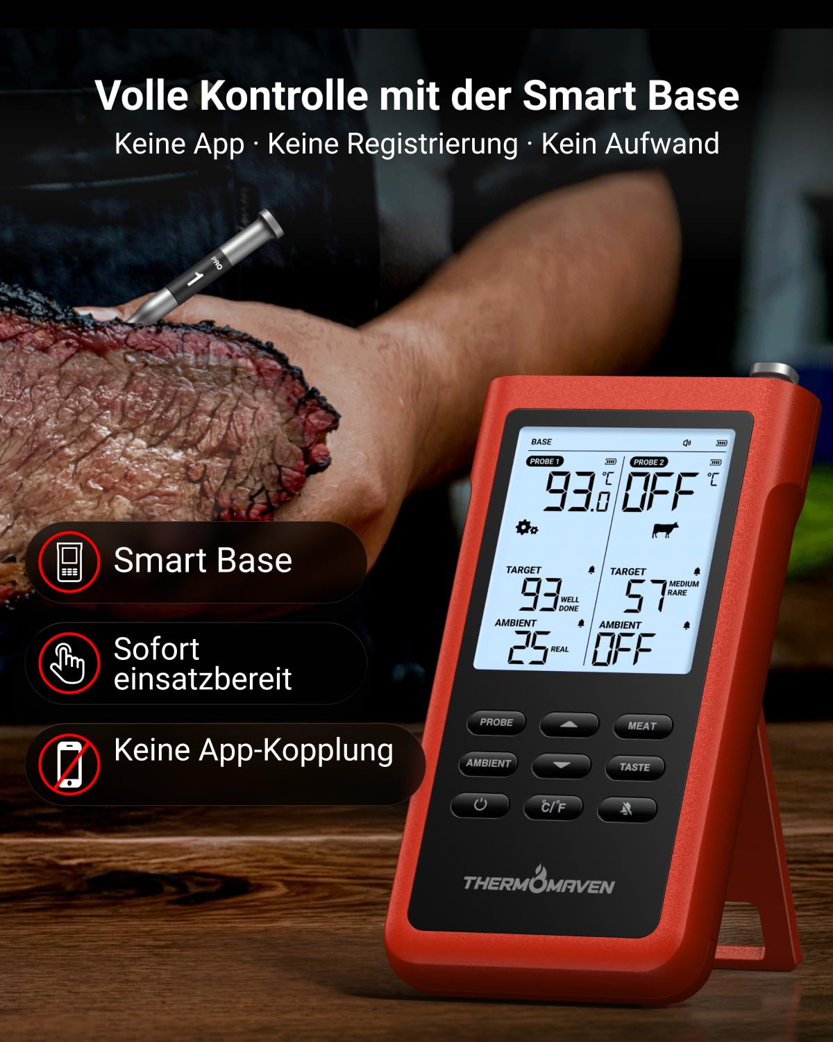ThermoMaven X2 Fleischthermometer kabellos, 915m Sub-1G Reichweite Kein App | Grillthermometer kabellos mit 2 dünnen Sonden, 6 NIST-Sensoren, LCD-Display, Bratenthermometer für BBQ, Smoker, Backofen