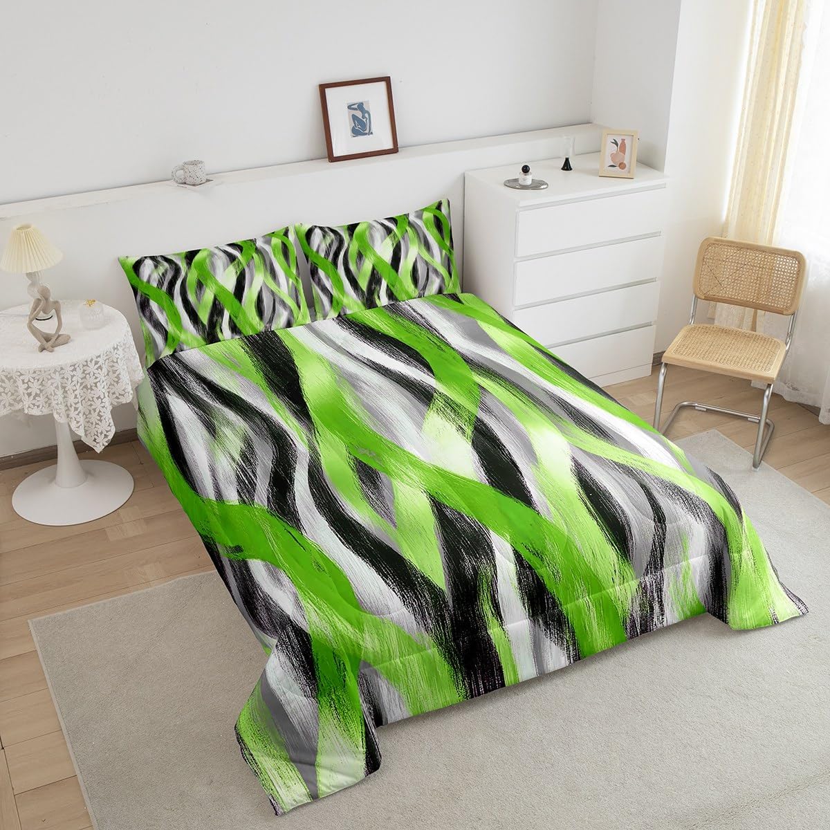 Erosebridal Geometric Stripes Comforter Full Modern Abstract Comforter Set Grey Black Lime Green Bedding Set for Kids Boys Teen Men Swirl Lines Quilt Duvet Room Decor 3 Pcs