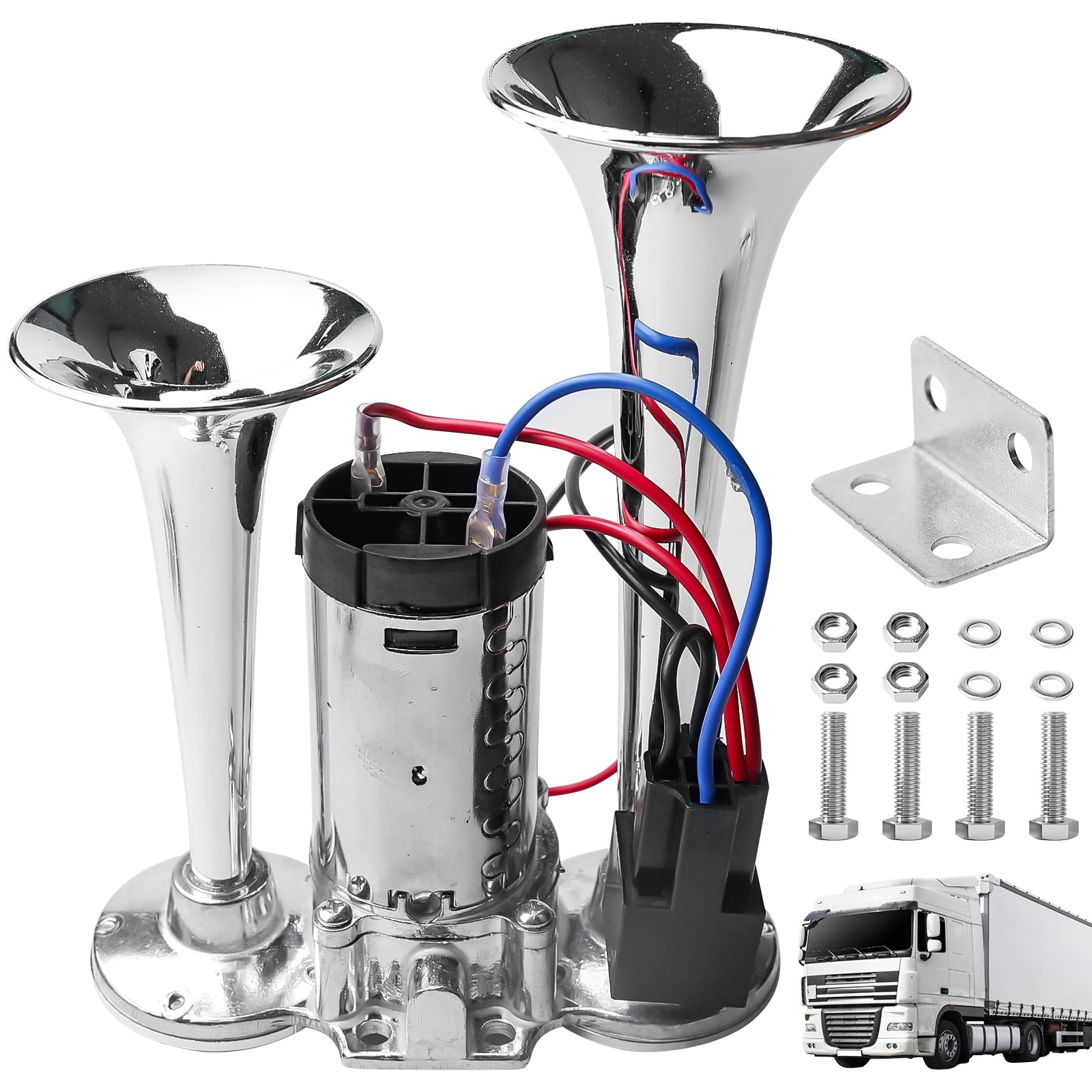 LWK Bocina de 12 V, bocina de aire súper fuerte con compresor de doble tubo, kit de claxon para todos los vehículos de 12 V, camiones, trenes, coches, barcos, motocicletas y furgonetas