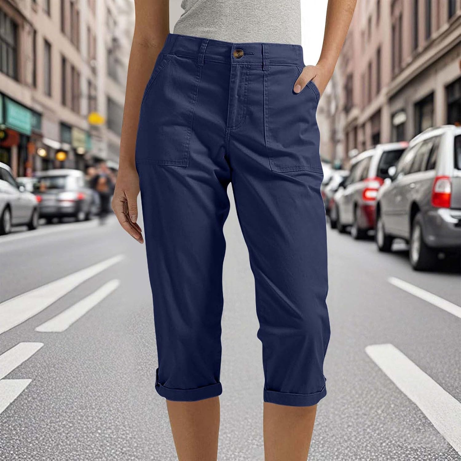 Capri Cargo Elastic Waist Pants with Pockets for Women Solid Casual Utility Cropped Trousers Multi-Pocket Outdoor Style