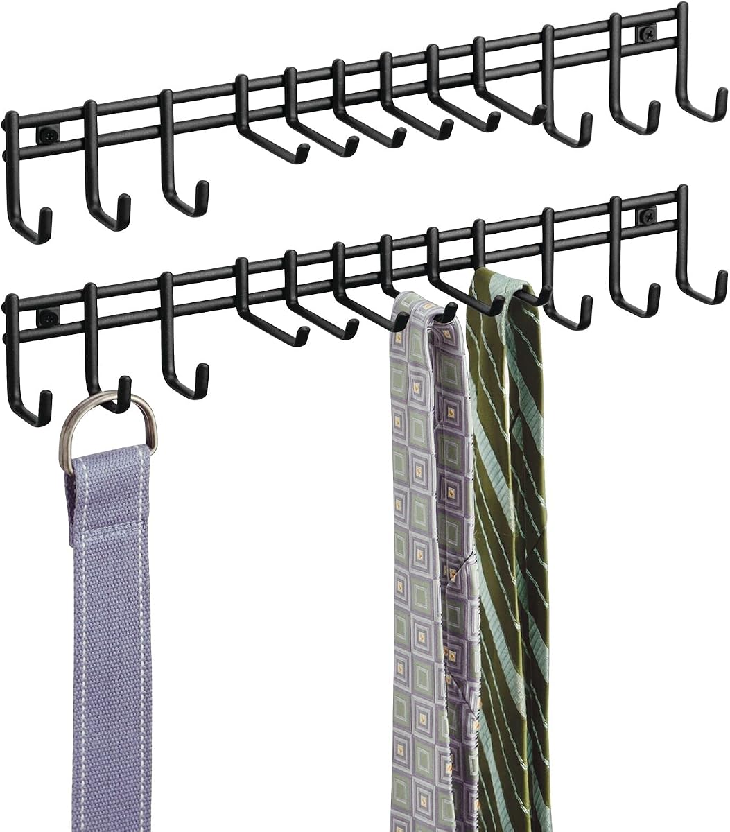 Closet Wall Mount Metal Accessory Organizer and Storage Center - Modern Slim Holder for Womens and Mens Ties, Belts, Scarves, Sunglasses, Watches - 12 Hooks, 2 Pack, Matte Black