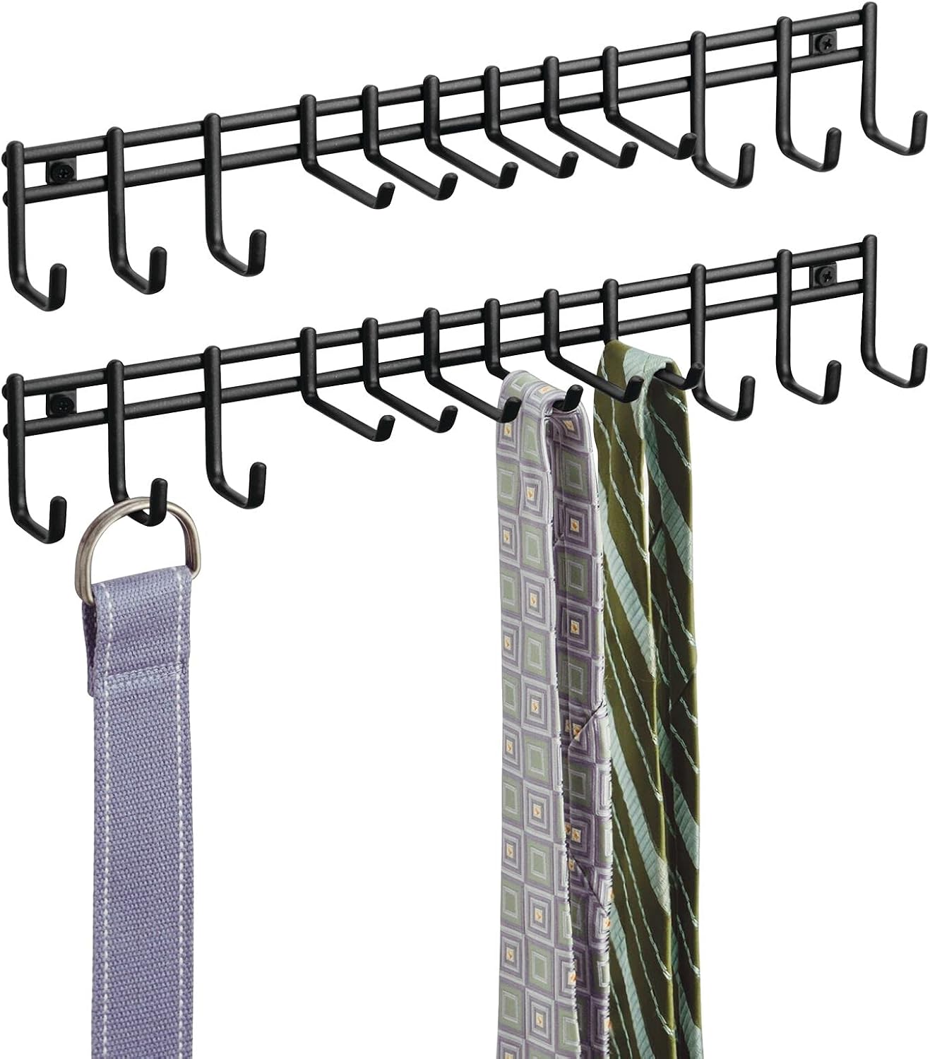 mDesign Closet Wall Mount Metal Accessory Organizer and Storage Center - Modern Slim Holder for Womens and Mens Ties, Belts, Scarves, Sunglasses, Watches - 12 Hooks, 2 Pack, Matte Black