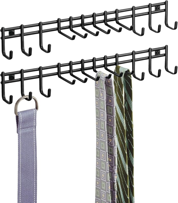 Organizador y centro de almacenamiento de accesorios metálicos de montaje en pared para armario - Soporte delgado moderno para corbatas, cinturones, bufandas, lentes de sol, relojes para mujer y hombre - 12 ganchos, paquete de 2, negro mate