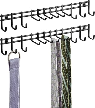 mDesign Closet Wall Mount Metal Accessory Organizer and Storage Center - Modern Slim Holder for Womens and Mens Ties, Belts, Scarves, Sunglasses, Watches - 12 Hooks, 2 Pack, Matte Black