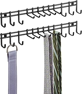 Closet Wall Mount Metal Accessory Organizer and Storage Center - Modern Slim Holder for Womens and Mens Ties, Belts, Scarves, Sunglasses, Watches - 12 Hooks, 2 Pack, Matte Black