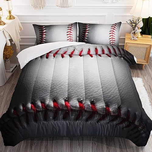 BSNTHO Juego de edredón de béisbol 3D tamaño matrimonial para niños, juegos deportivos, juego de ropa de cama deportiva para niños con 2 fundas de