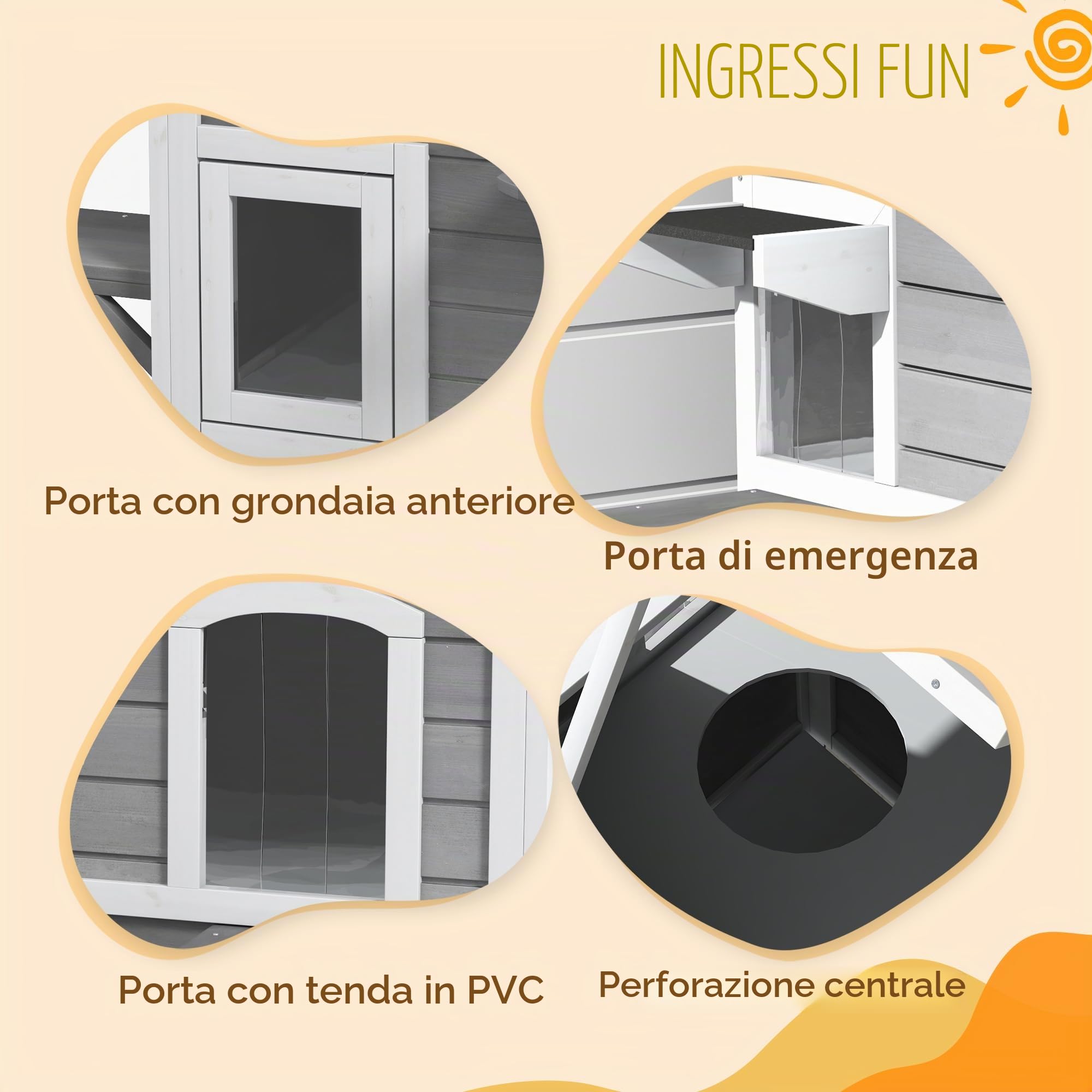 PawHut Casetta per Gatti con Tetto Apribile in Asfalto, Bianco e Grigio | Esterno ed Interno, Cuccia per Gatti in Legno di Abete, 2 Piani, 4 Ingressi, 3 Piattaforme, Base Rialzata, 99.5x76x91 cm