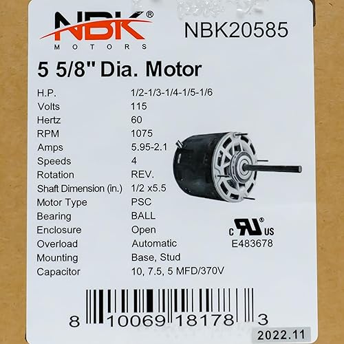 Miniatura 8 de NBK 20585 Motor del soplador del manipulador de aire del horno 12 a 16 HP 1075 RPM 115 voltios reemplazo para 5460 4 velocidades