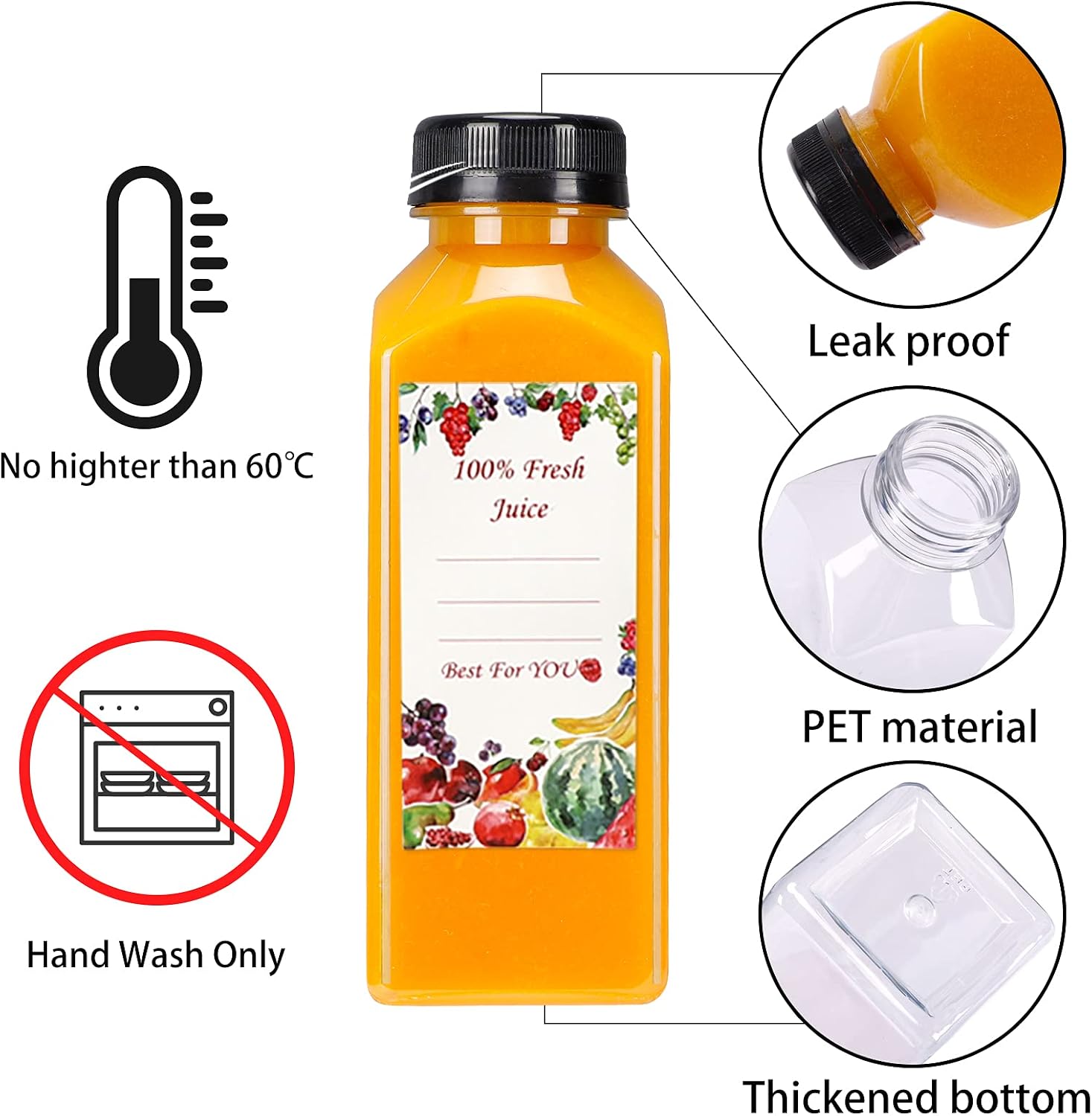 SUPERLELE 20pcs 12oz Empty Plastic Juice Bottles with Caps, Reusable Water Bottles, Clear Bulk Drink Containers with Black Tamper Evident Lids for Juicing, Smoothie, Drinking and Other Beverages