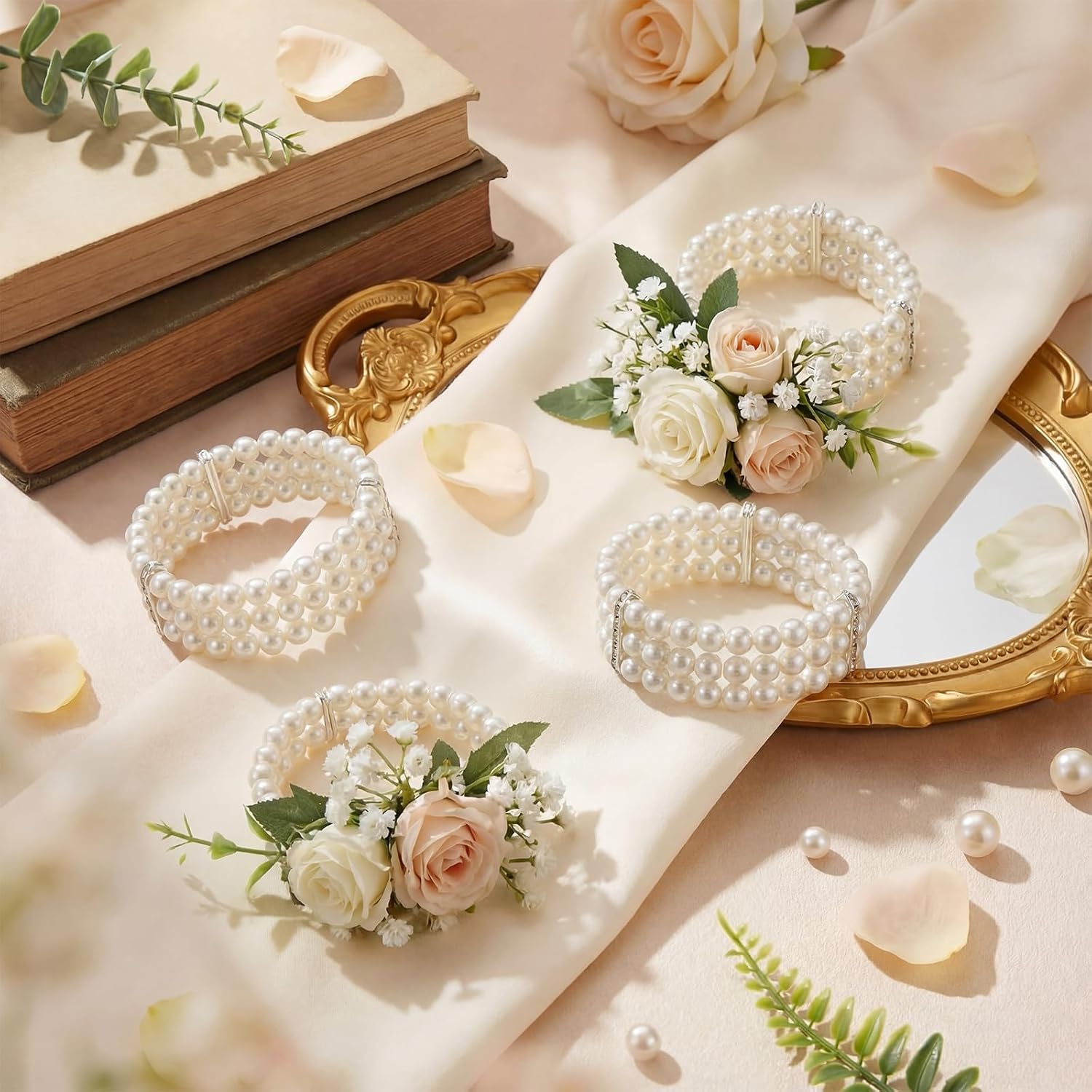 Hotop 4 Set Pearl Rhinestone Corsage Wrist Bracelet Bands Ivory White Bride Bracelet Adjustable Wrist Corsage DIY Wedding Wristband Accessory for Bridal Party Prom