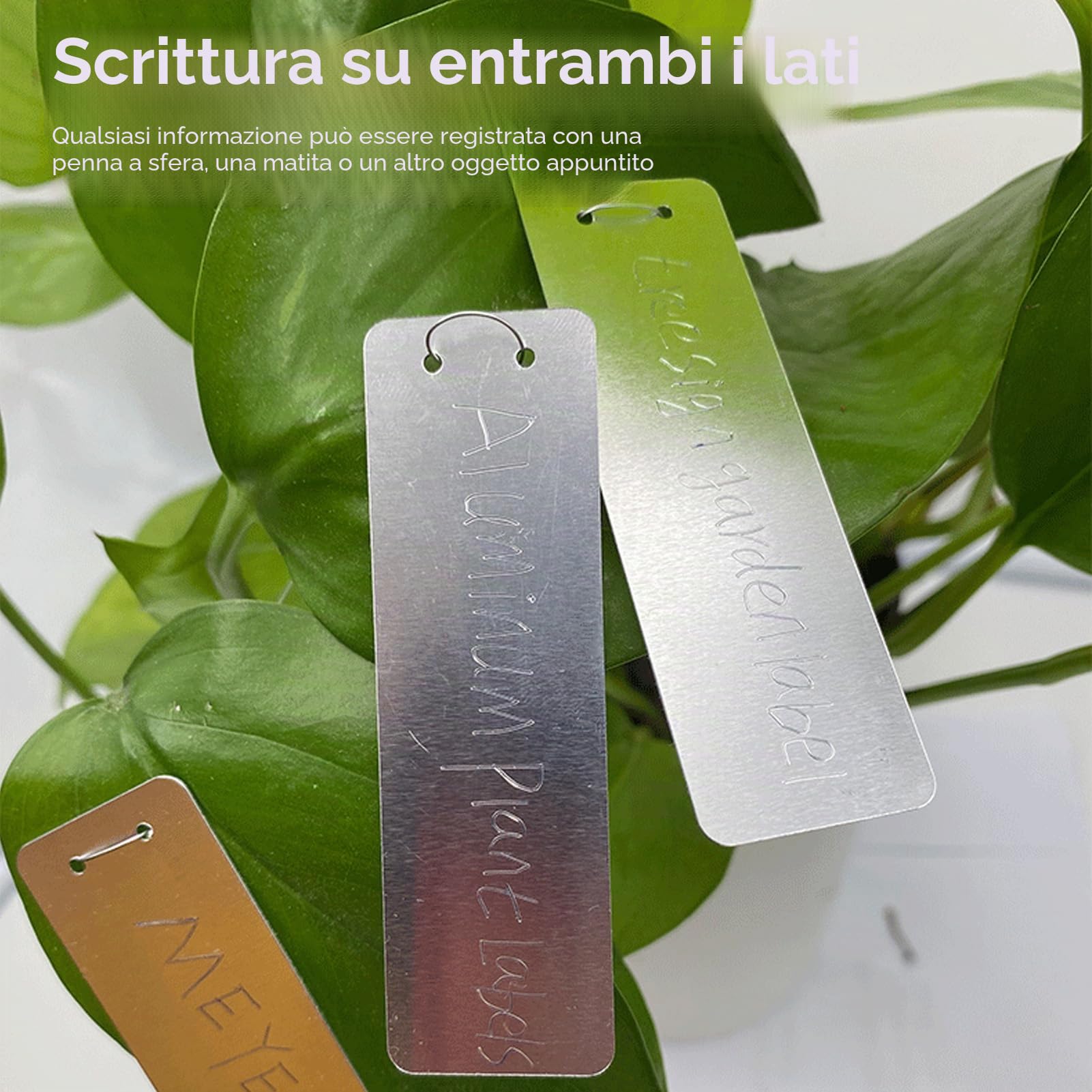 100 pezzi di etichette per piante in alluminio, etichette per piante in metallo, etichette per alberi a doppia scrittura con fili di metallo, marcatori per piante impermeabili